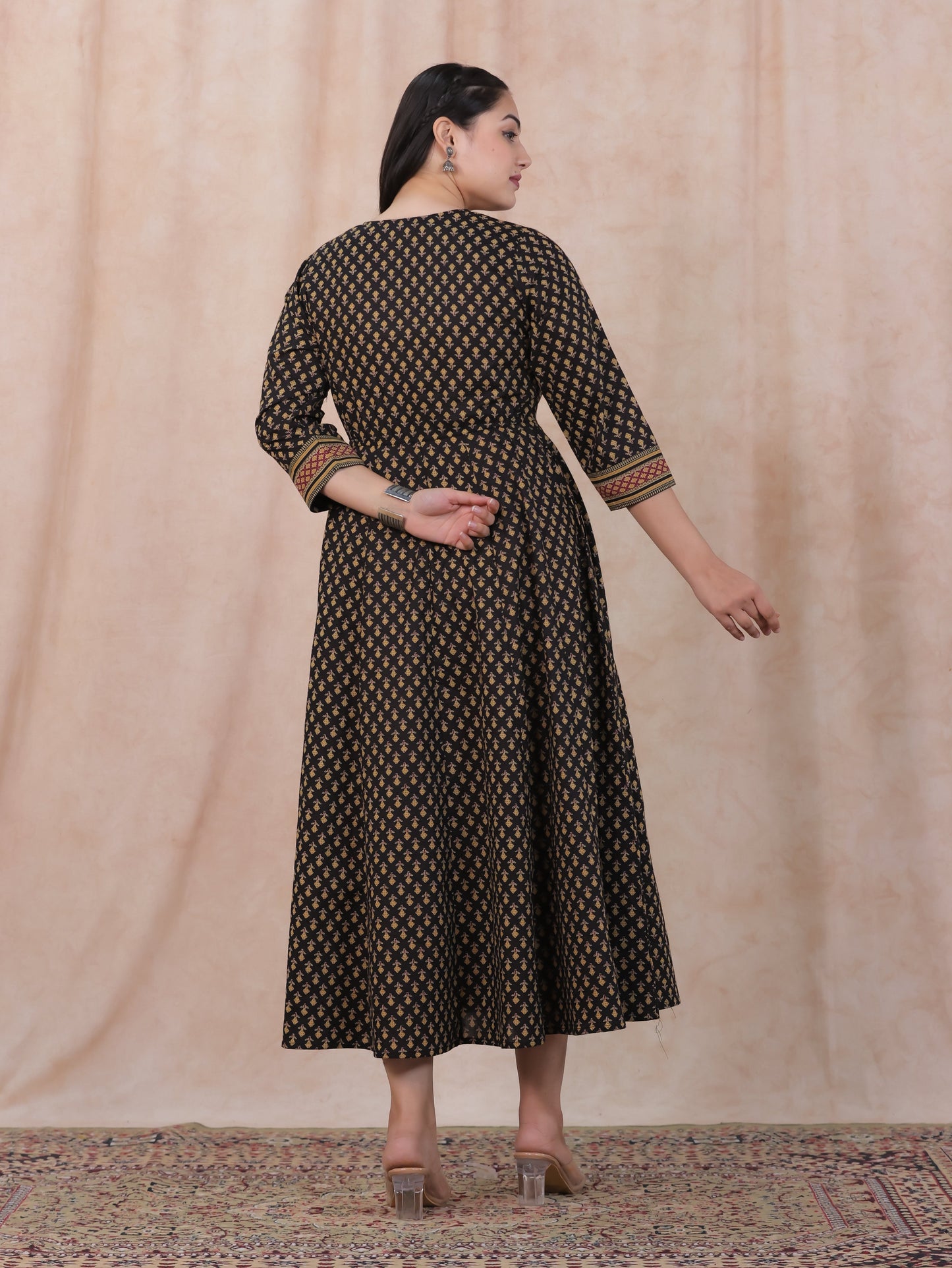 Soft Cotton Ajrakh Anarkali Black Dress
