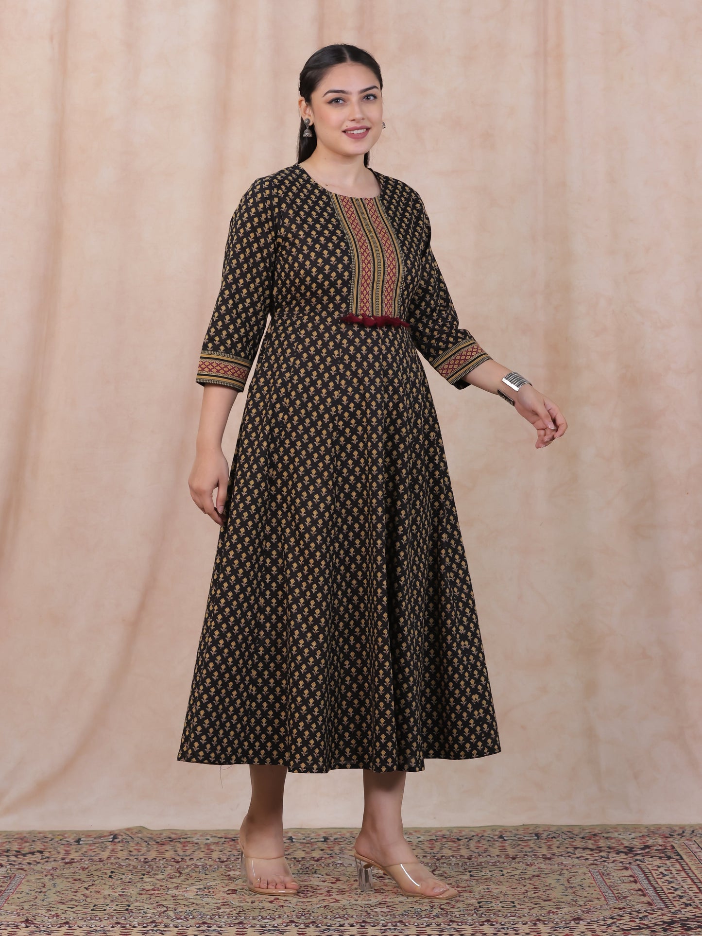 Soft Cotton Ajrakh Anarkali Black Dress