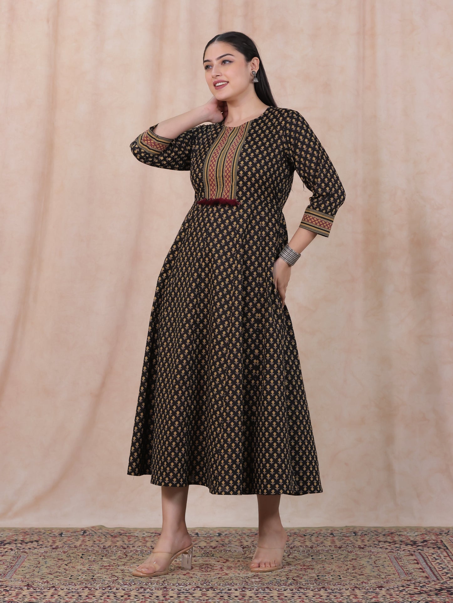Soft Cotton Ajrakh Anarkali Black Dress