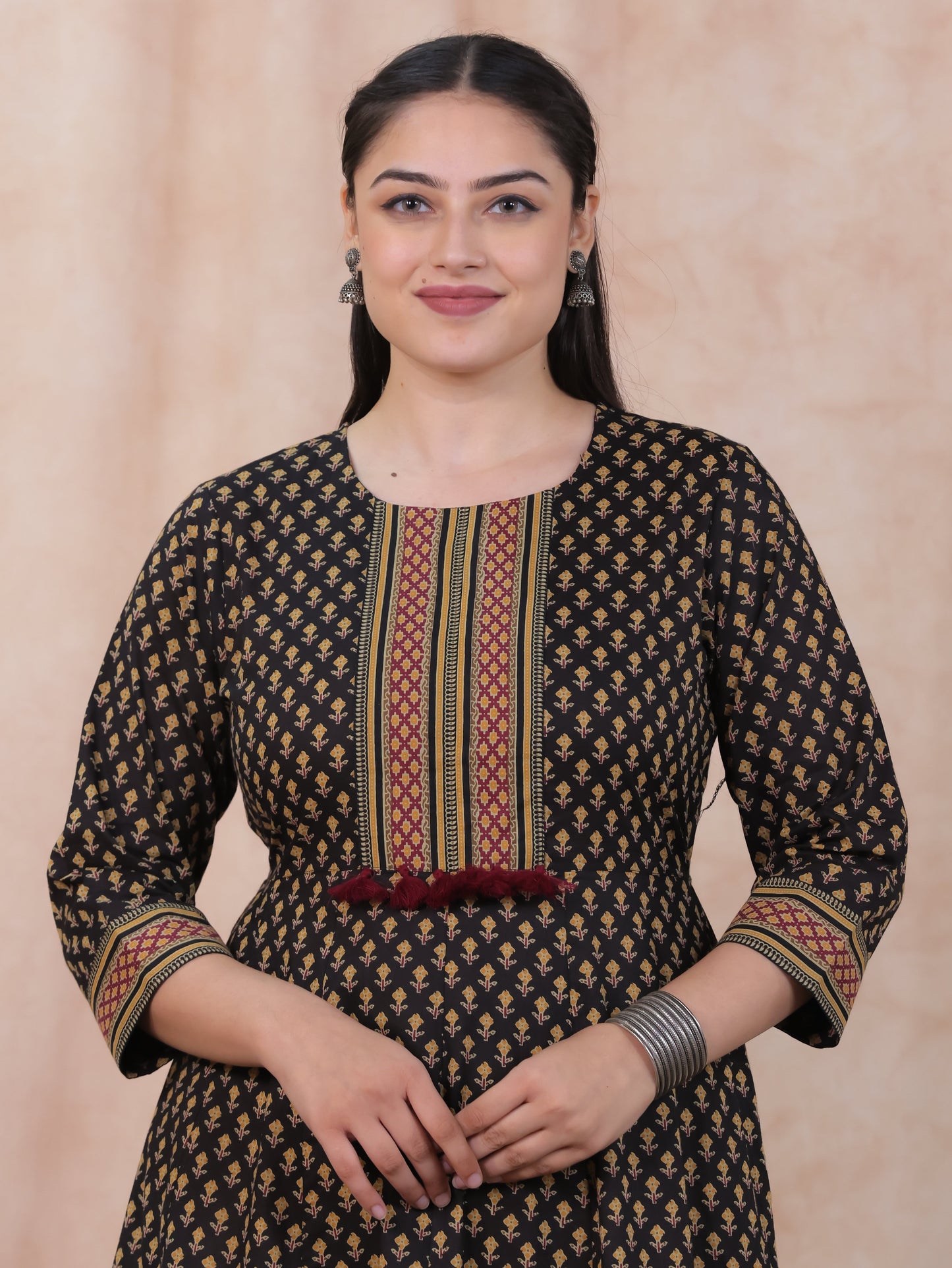 Soft Cotton Ajrakh Anarkali Black Dress