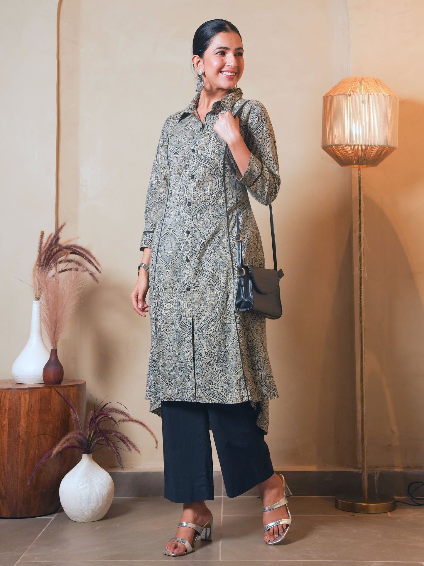 Soft Cotton Geometric High Low Grey Kurta