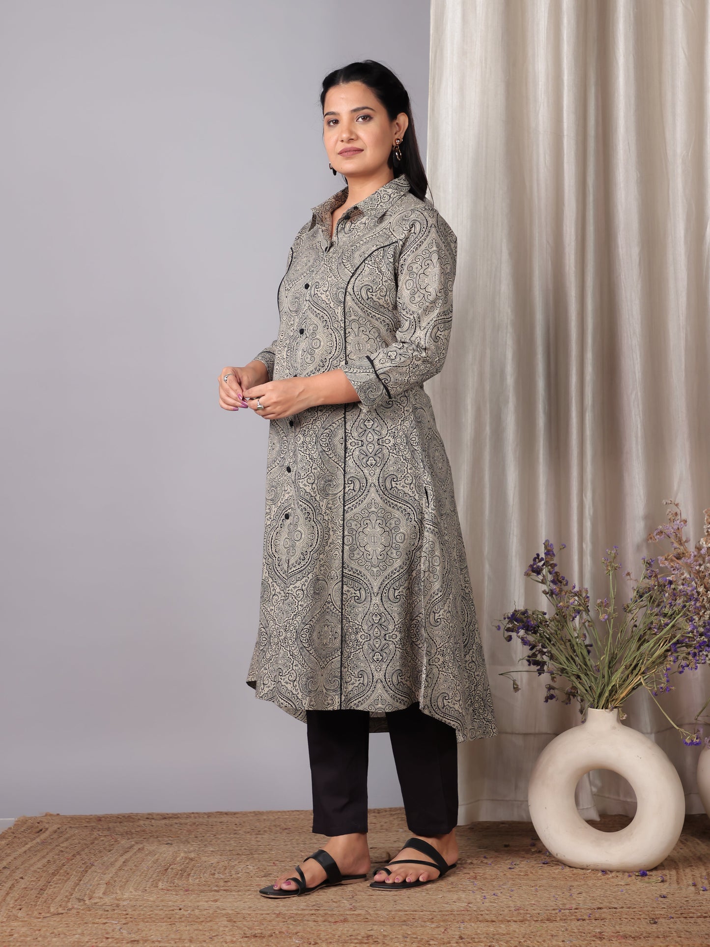 Soft Cotton Geometric High Low Grey Kurta