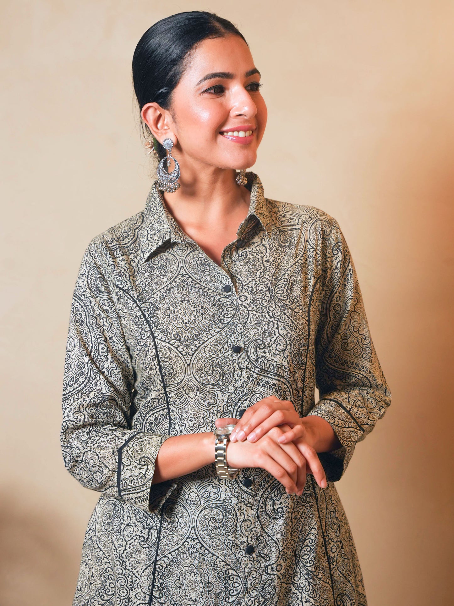 Soft Cotton Geometric High Low Grey Kurta