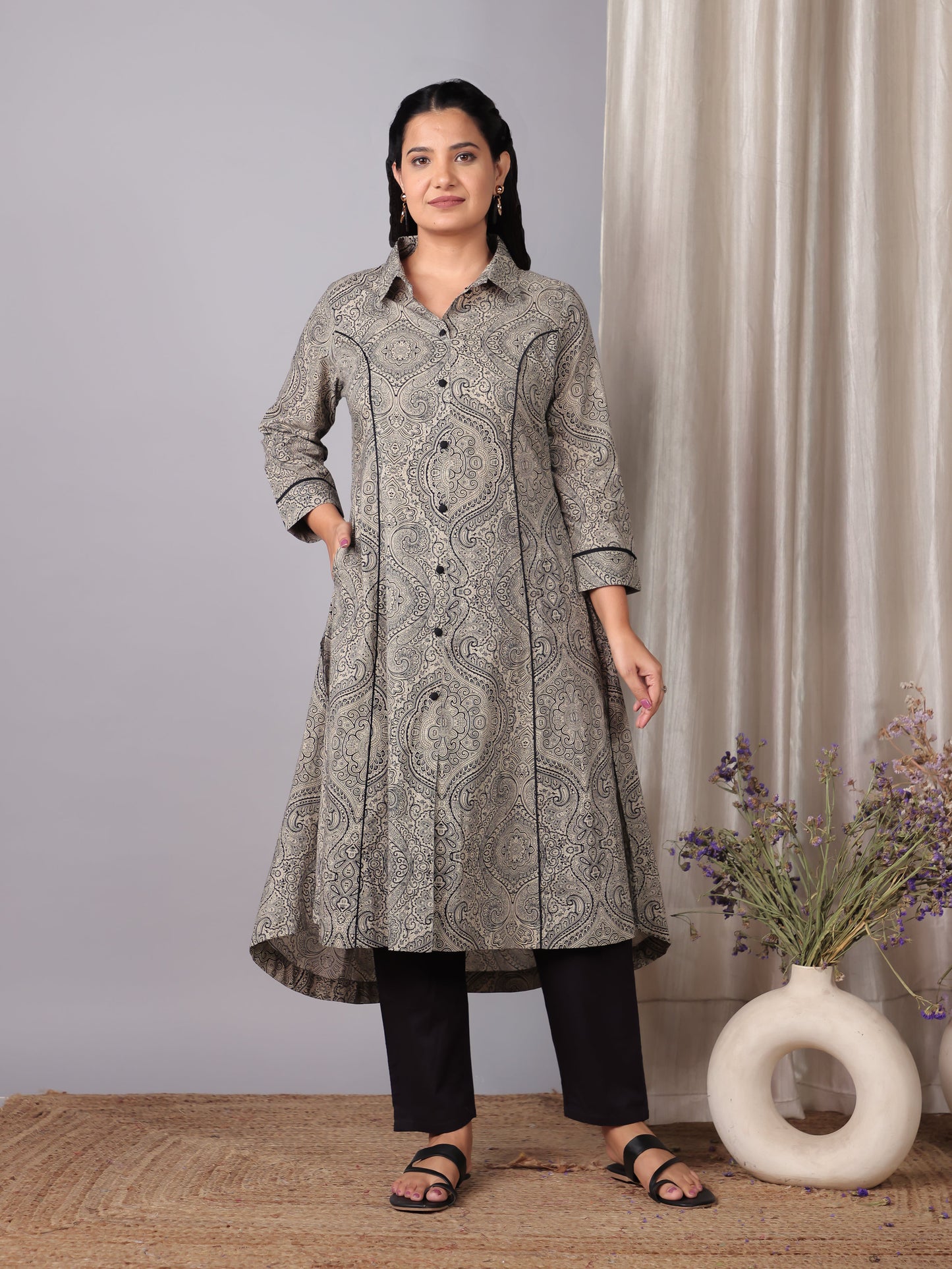 Soft Cotton Geometric High Low Grey Kurta