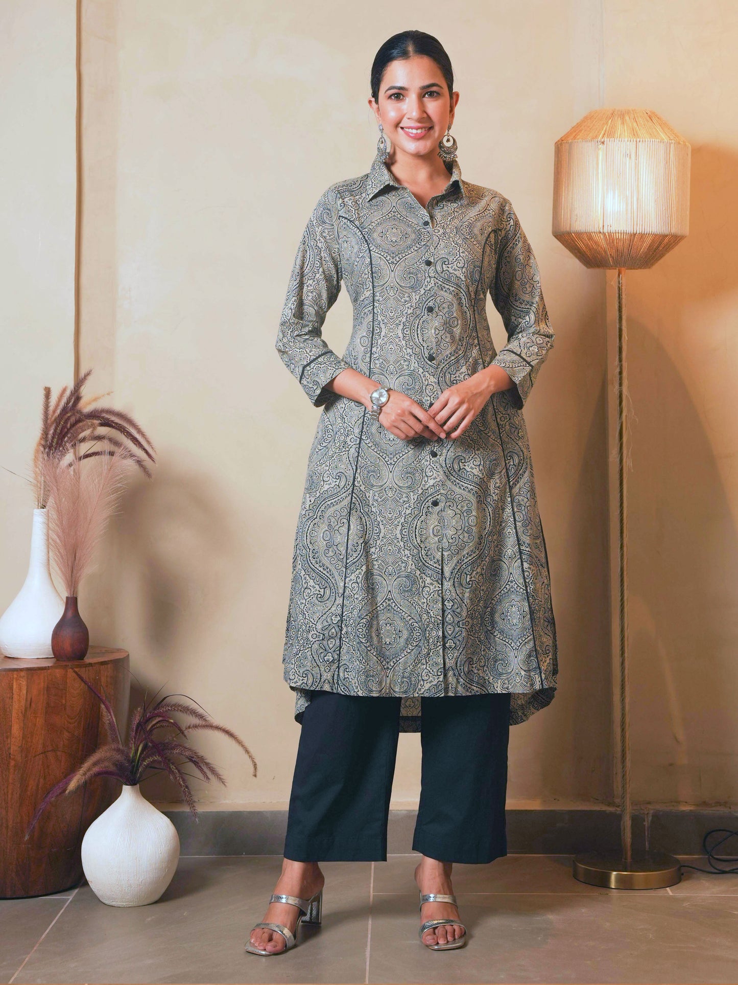 Soft Cotton Geometric High Low Grey Kurta