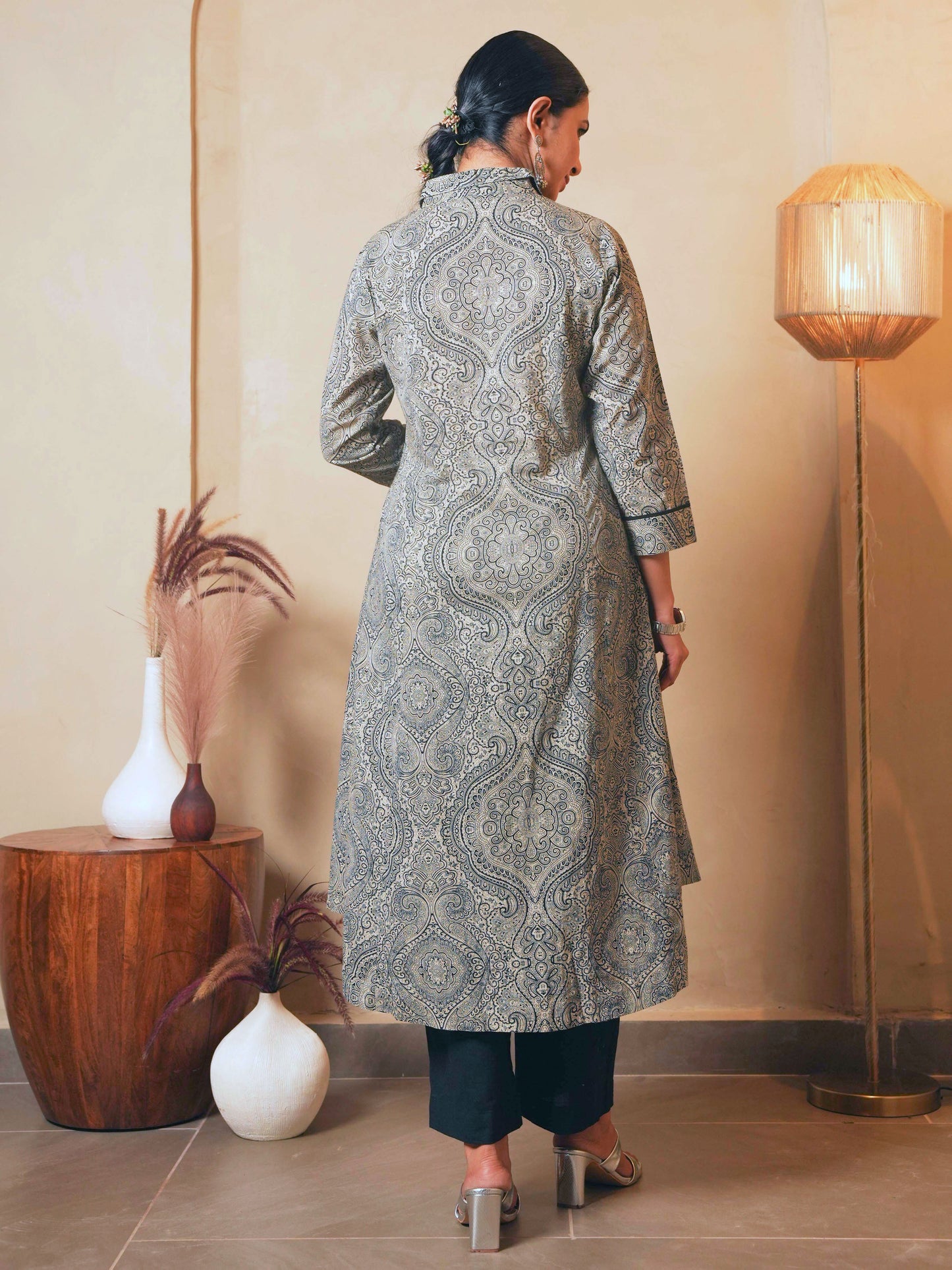 Soft Cotton Geometric High Low Grey Kurta