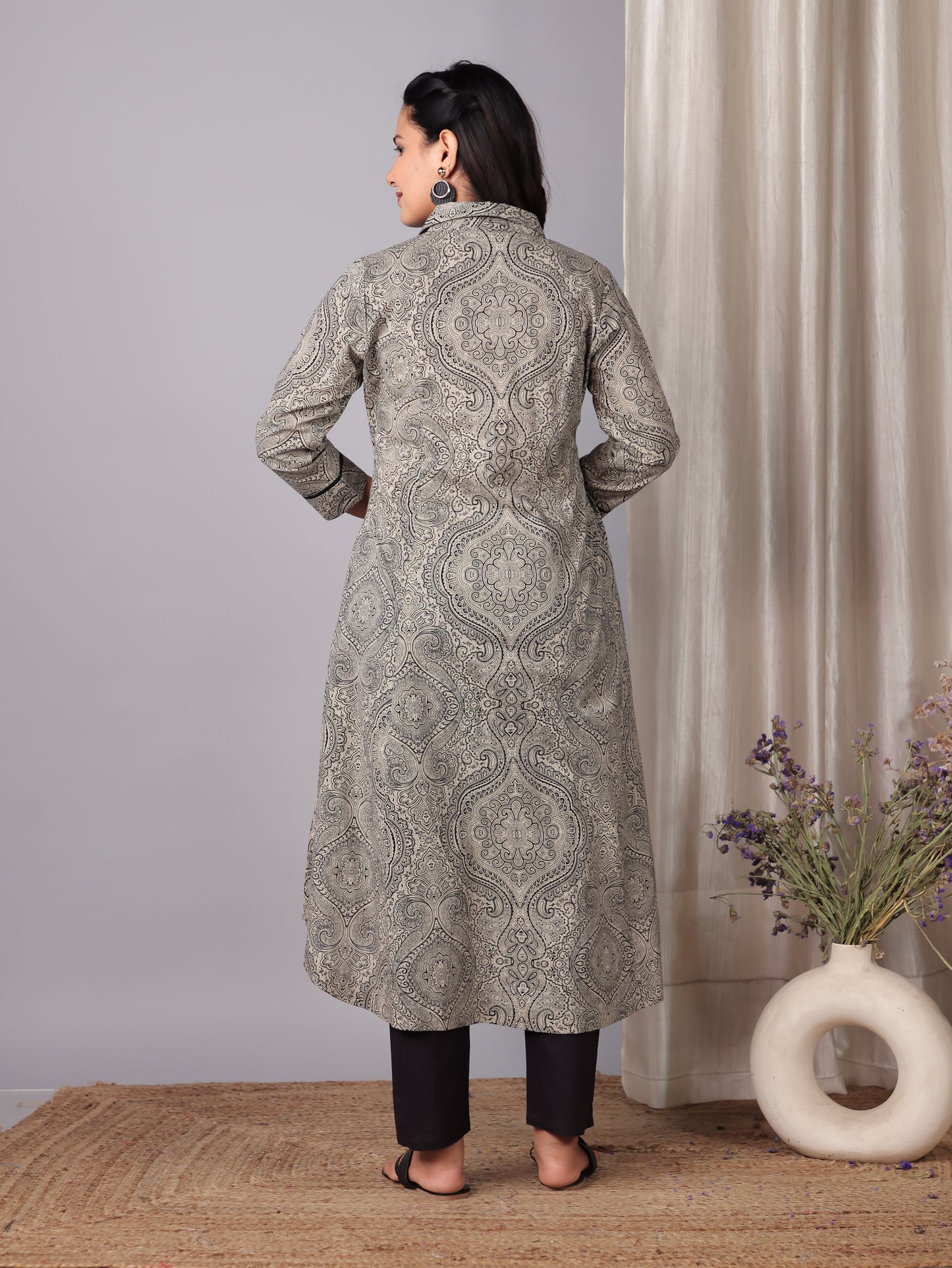 Soft Cotton Geometric High Low Grey Kurta