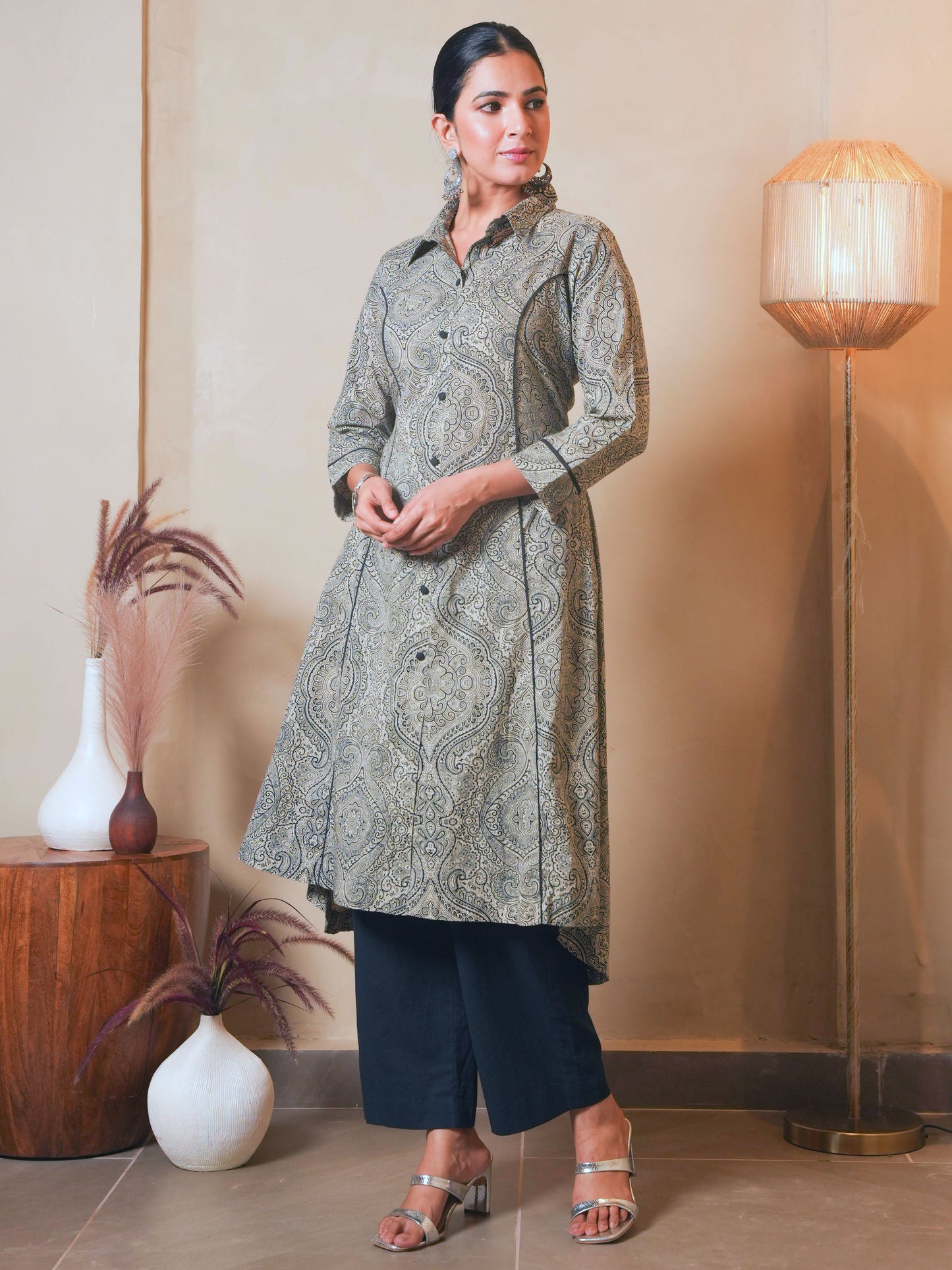 Soft Cotton Geometric High Low Grey Kurta