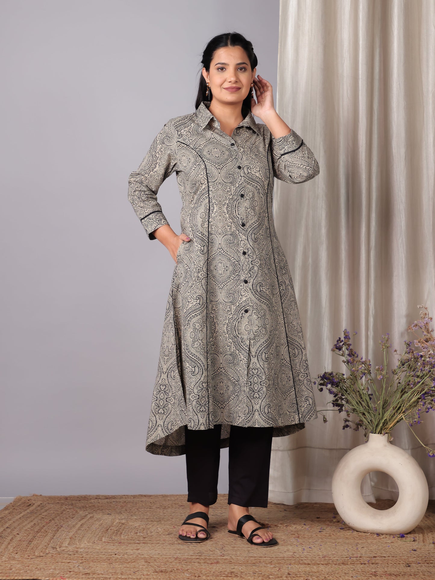 Soft Cotton Geometric High Low Grey Kurta