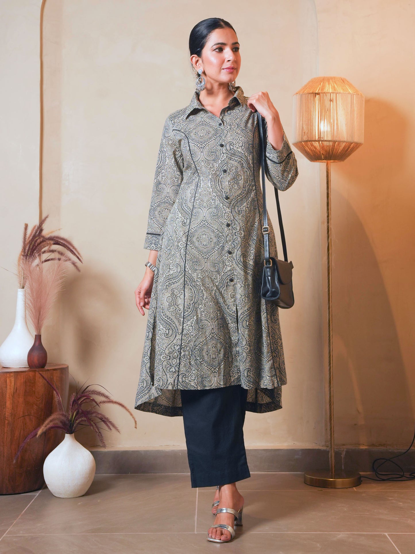 Soft Cotton Geometric High Low Grey Kurta