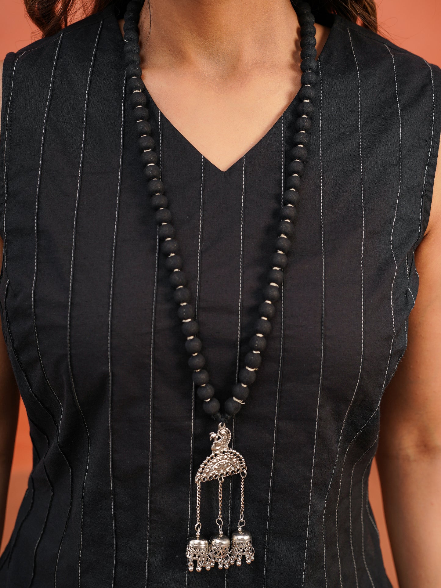 Soft Cotton Solid Straight Black Kurta (With Necklace)