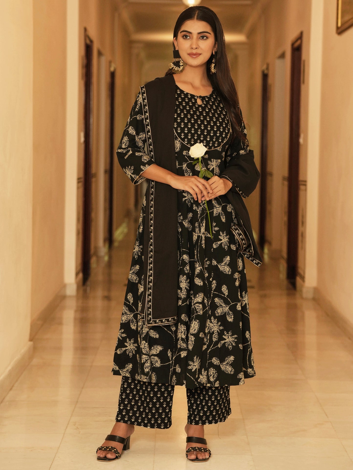 Embroidered Soft Cotton Floral Anarkali Black Kurta