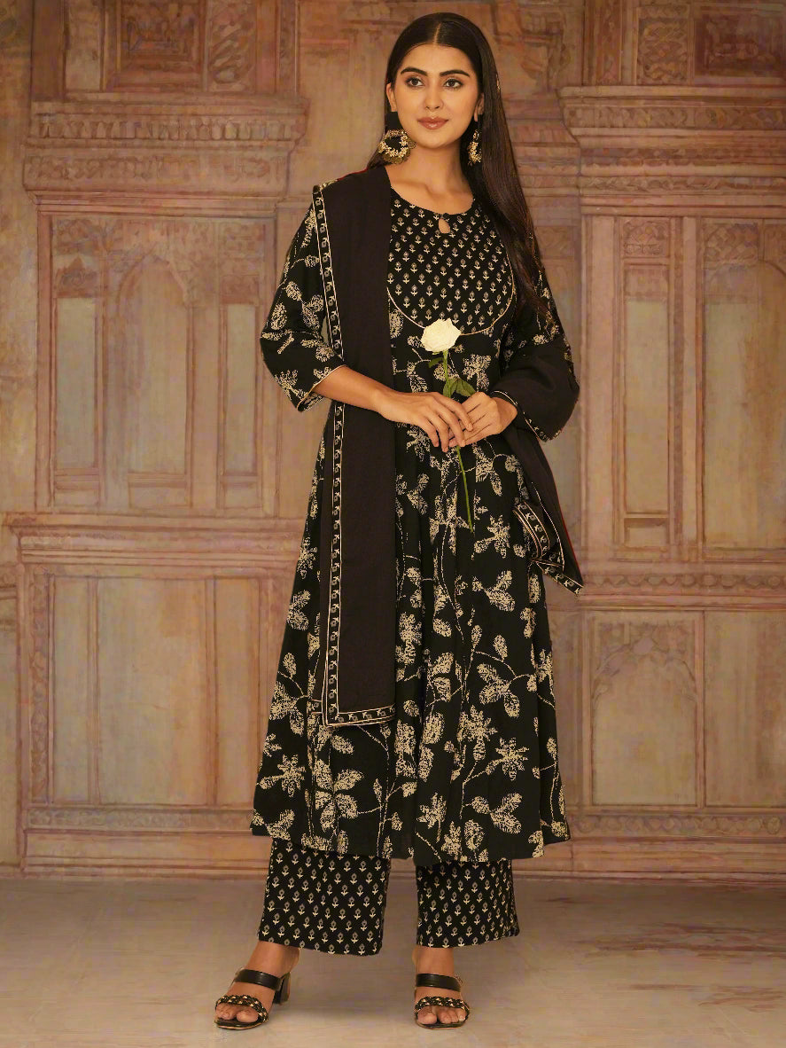 Embroidered Soft Cotton Floral Anarkali Black Kurta