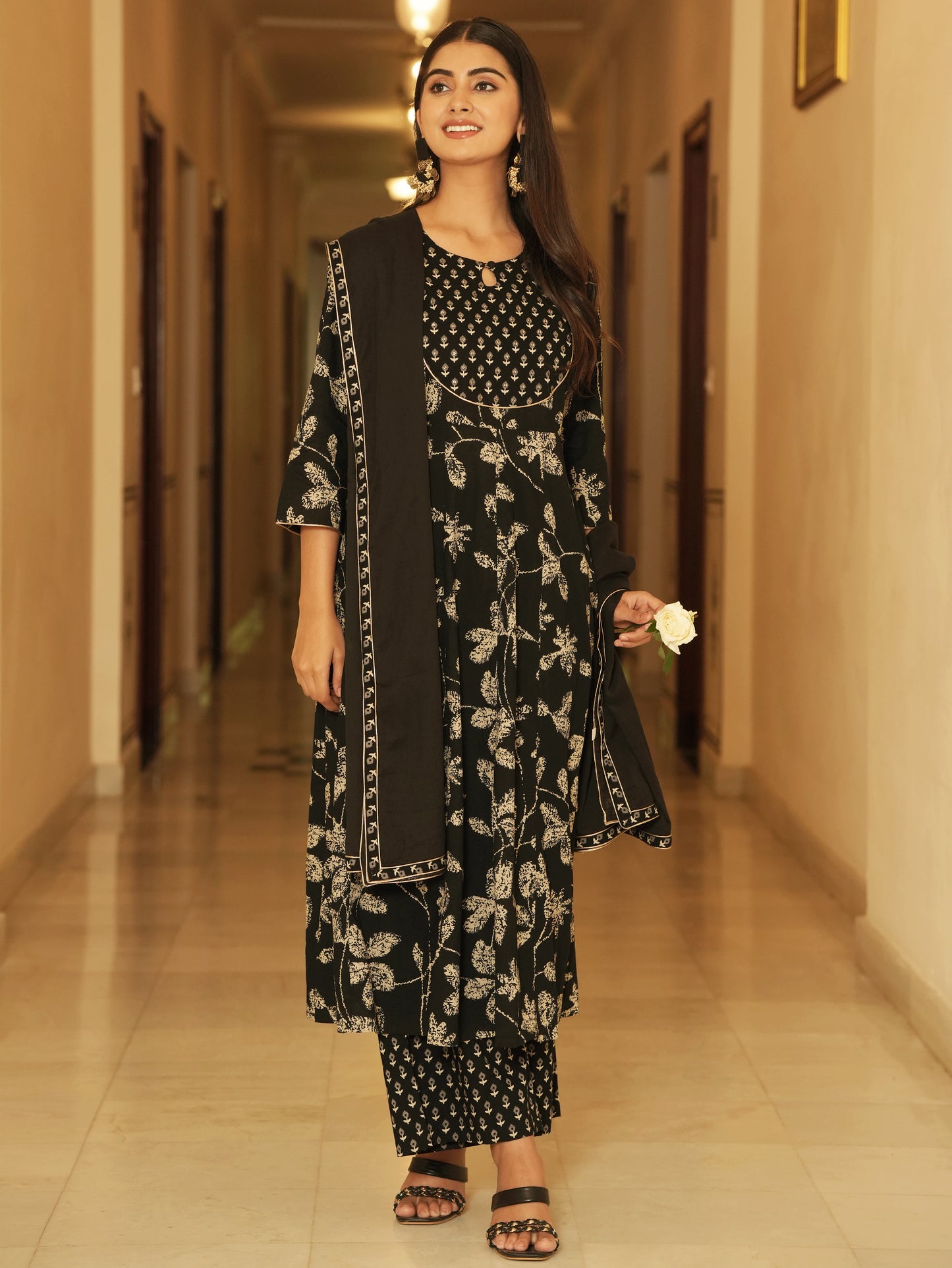 Embroidered Soft Cotton Floral Anarkali Black Kurta