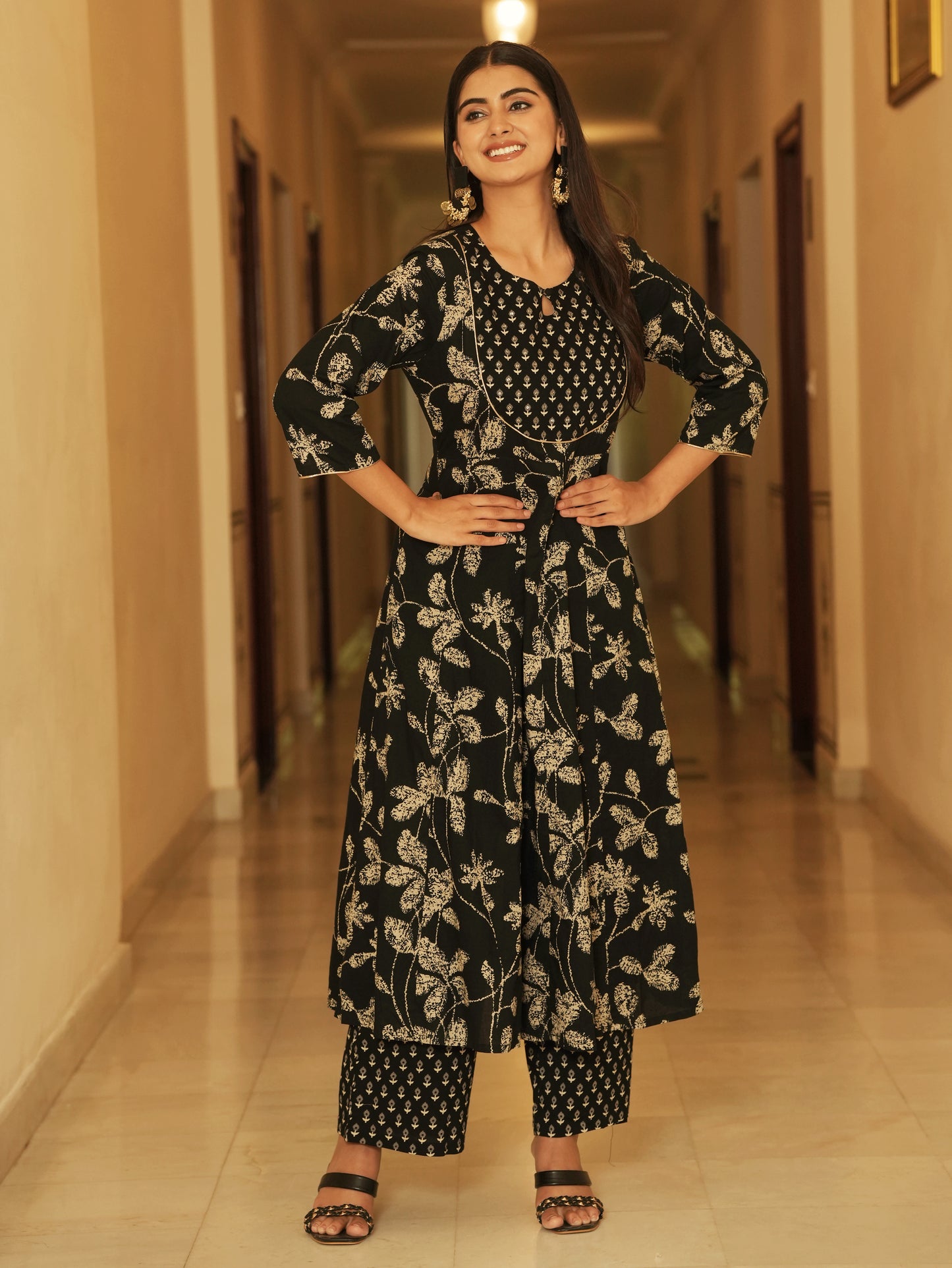 Embroidered Soft Cotton Floral Anarkali Black Kurta