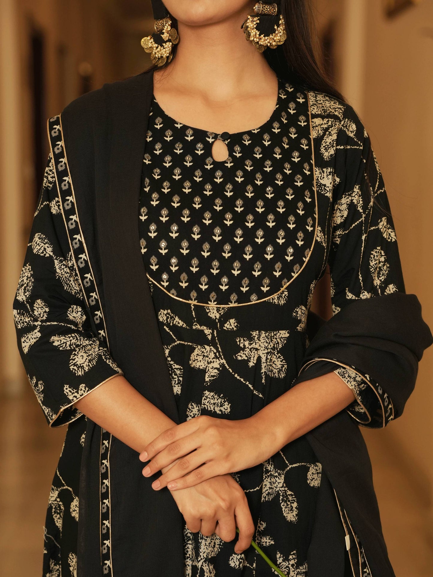Embroidered Soft Cotton Floral Anarkali Black Kurta
