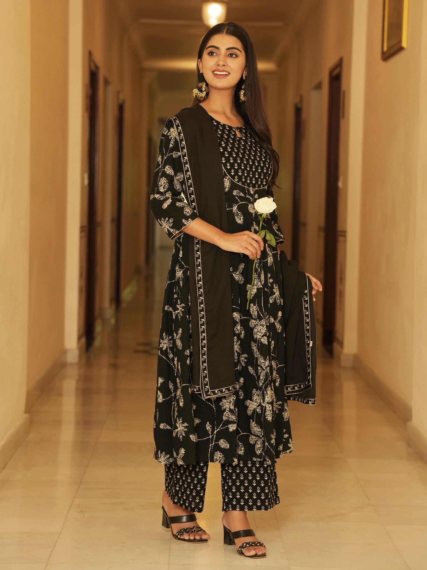 Embroidered Soft Cotton Floral Anarkali Black Kurta
