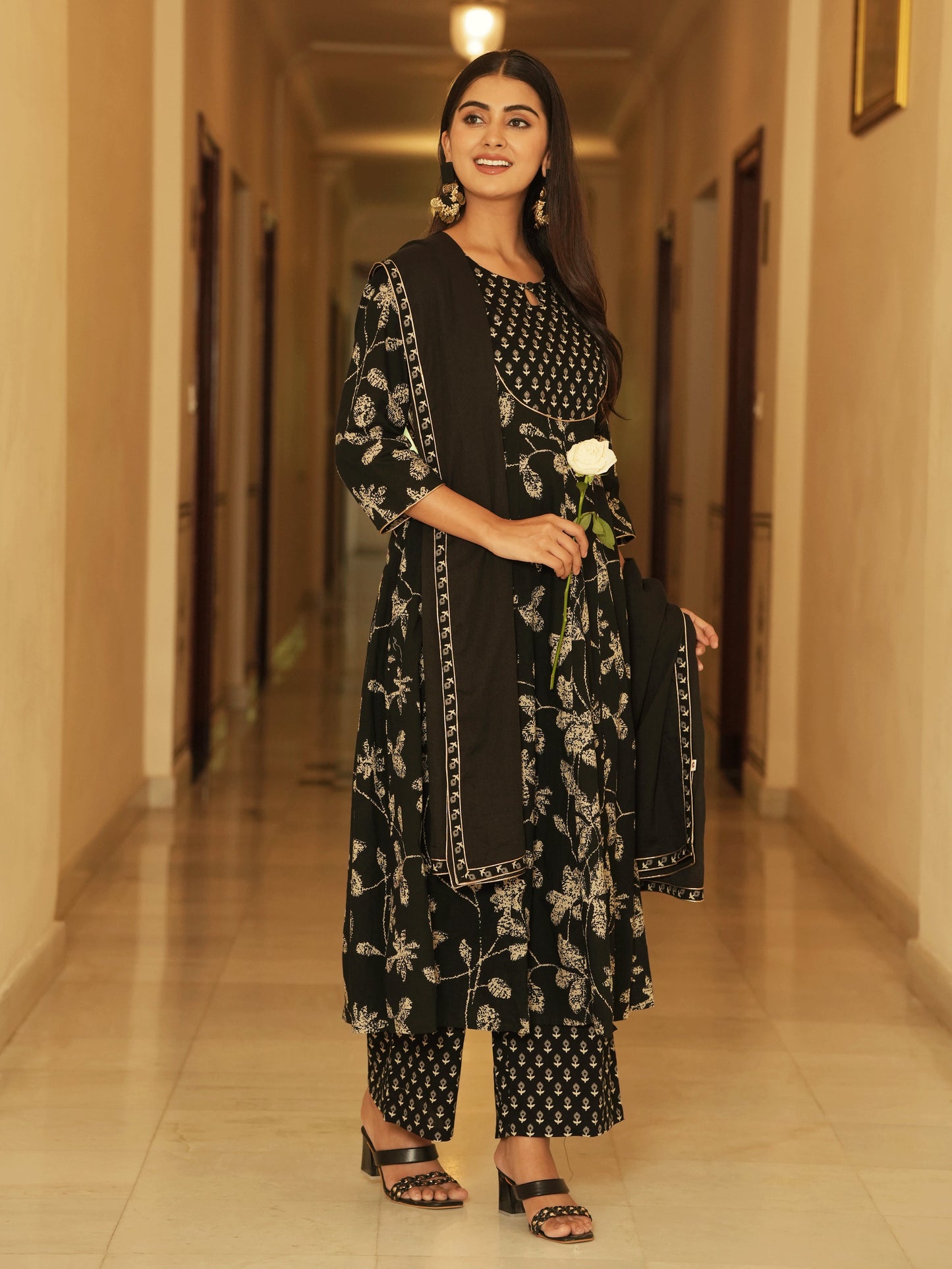 Embroidered Soft Cotton Floral Anarkali Black Kurta