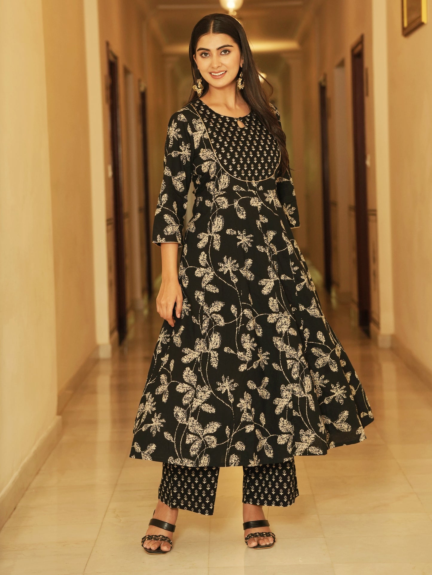 Embroidered Soft Cotton Floral Anarkali Black Kurta