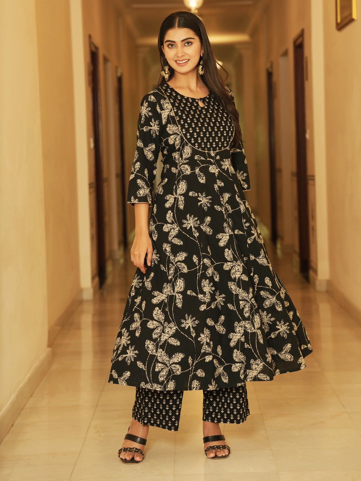 Embroidered Soft Cotton Floral Anarkali Black Kurta