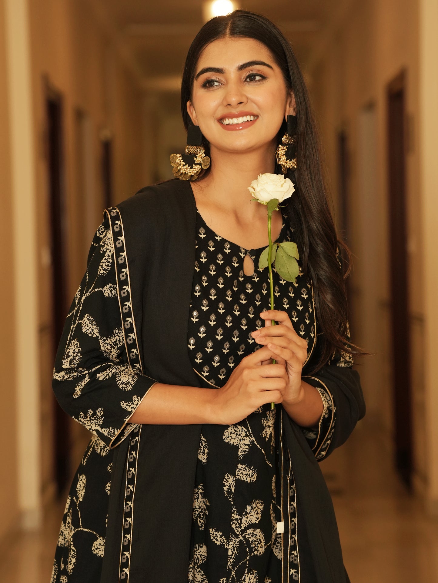 Embroidered Soft Cotton Floral Anarkali Black Kurta
