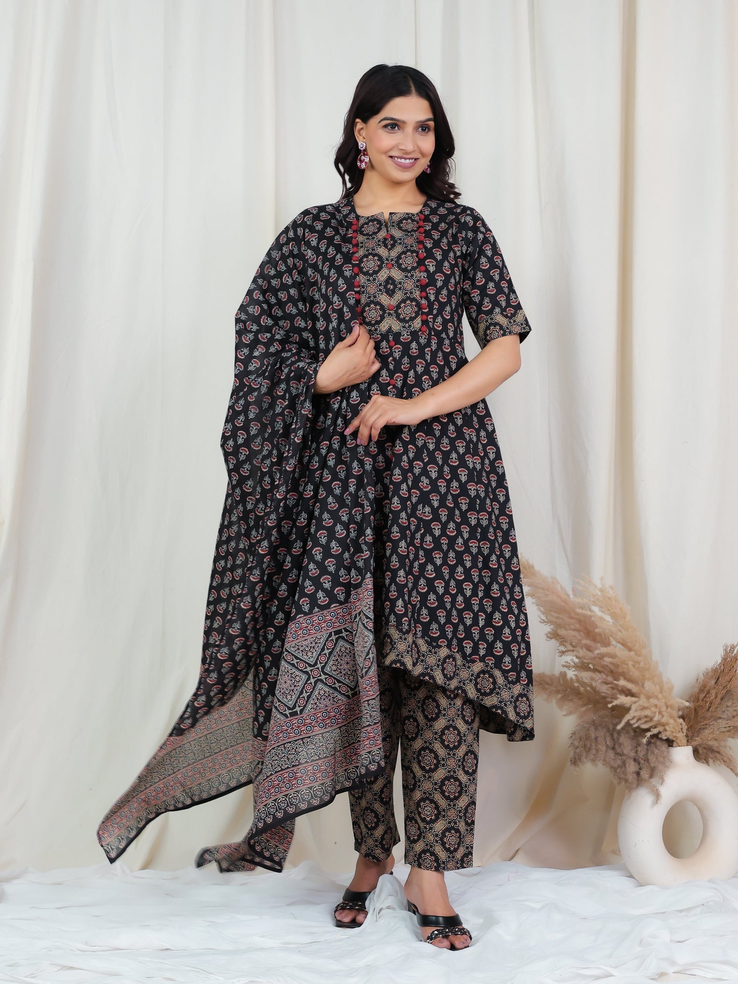 Cotton Voile Ajrakh Black Dupatta