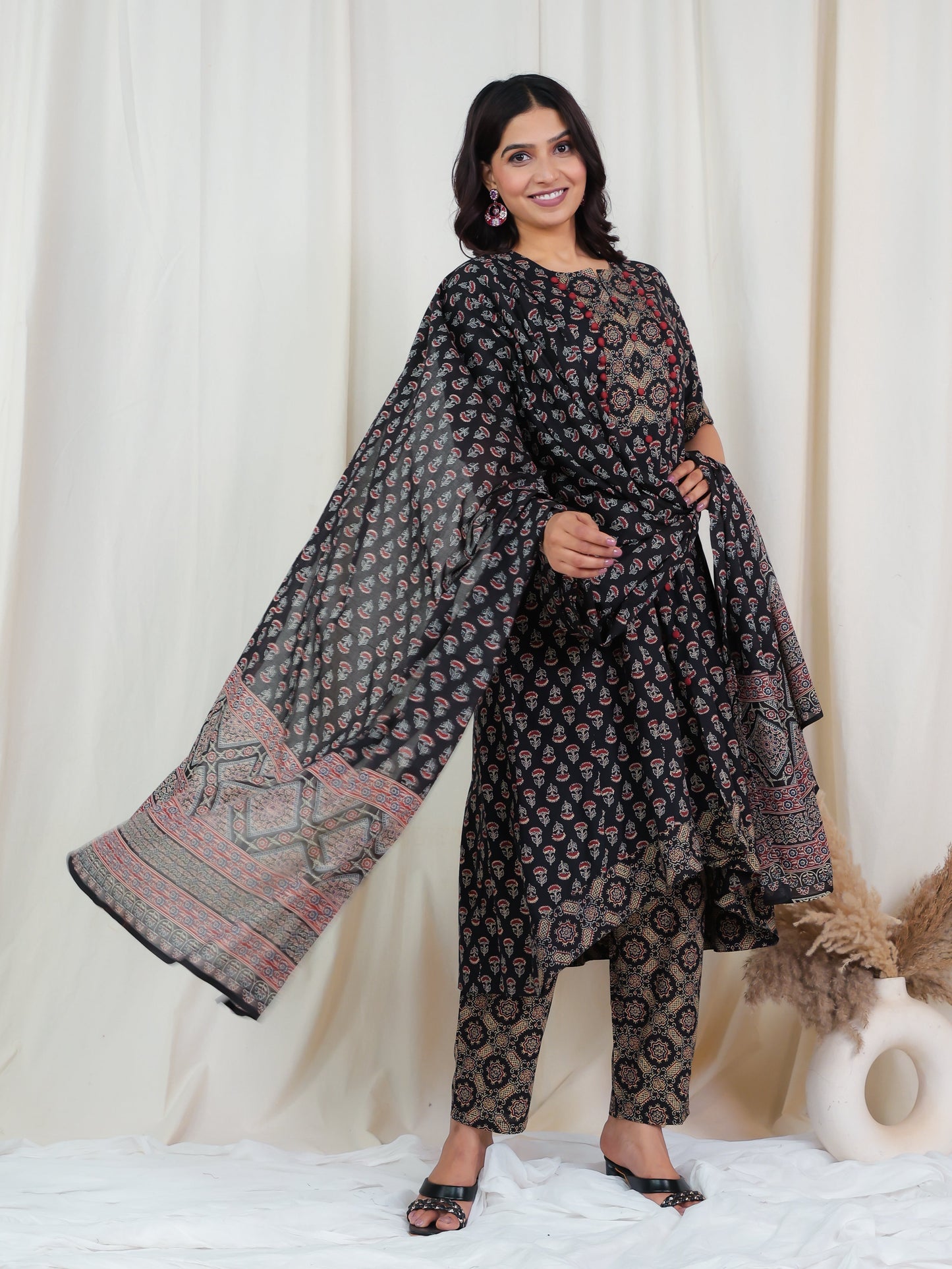 Cotton Voile Ajrakh Black Dupatta