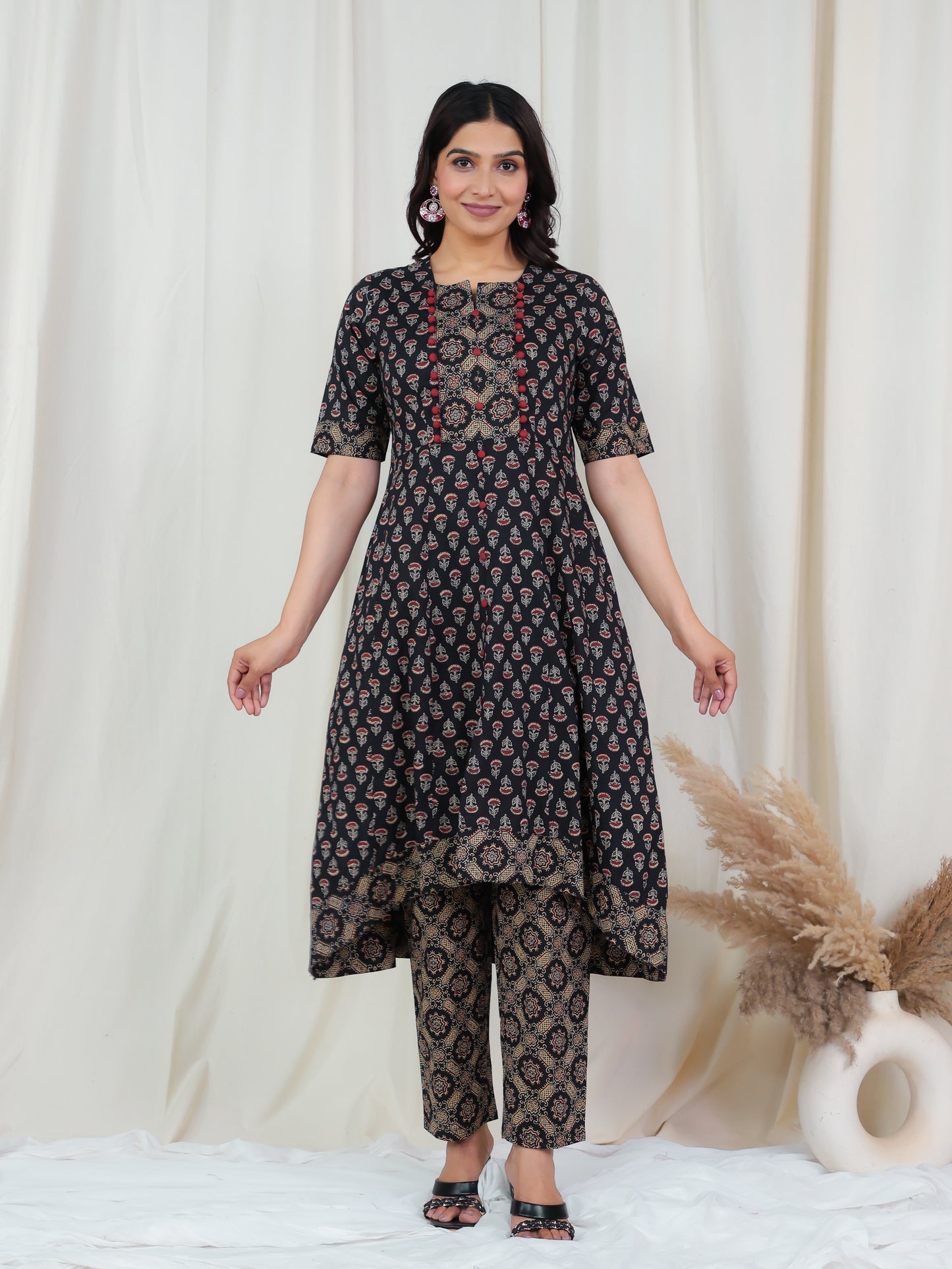 Soft Cotton Ajrakh High Low Black Kurta