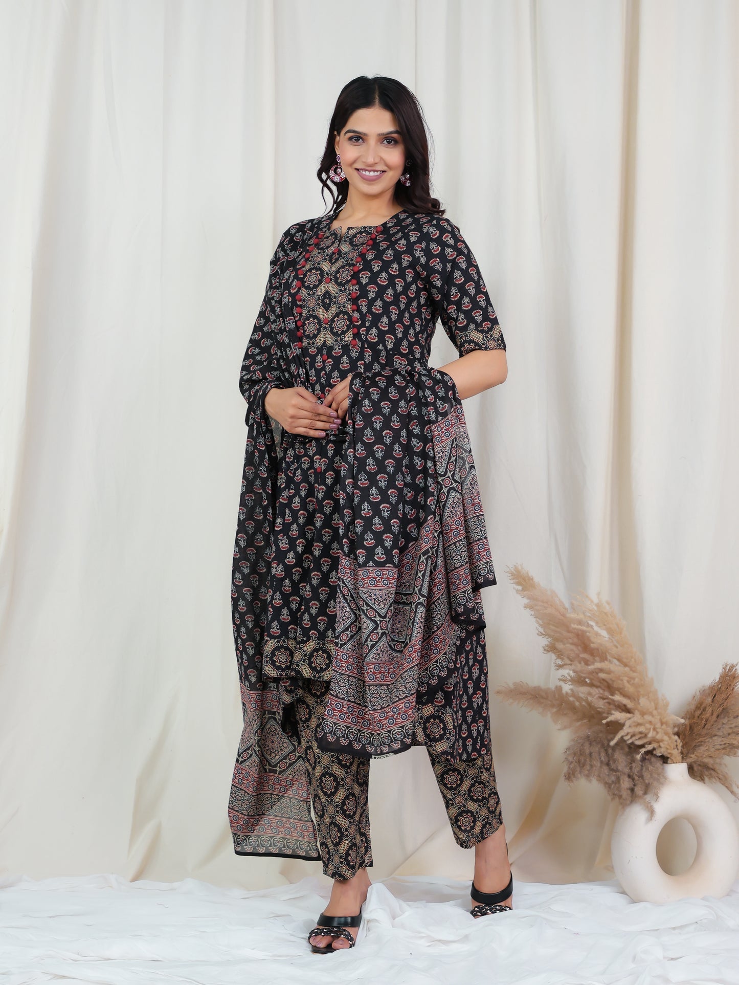 Soft Cotton Ajrakh High Low Black Kurta