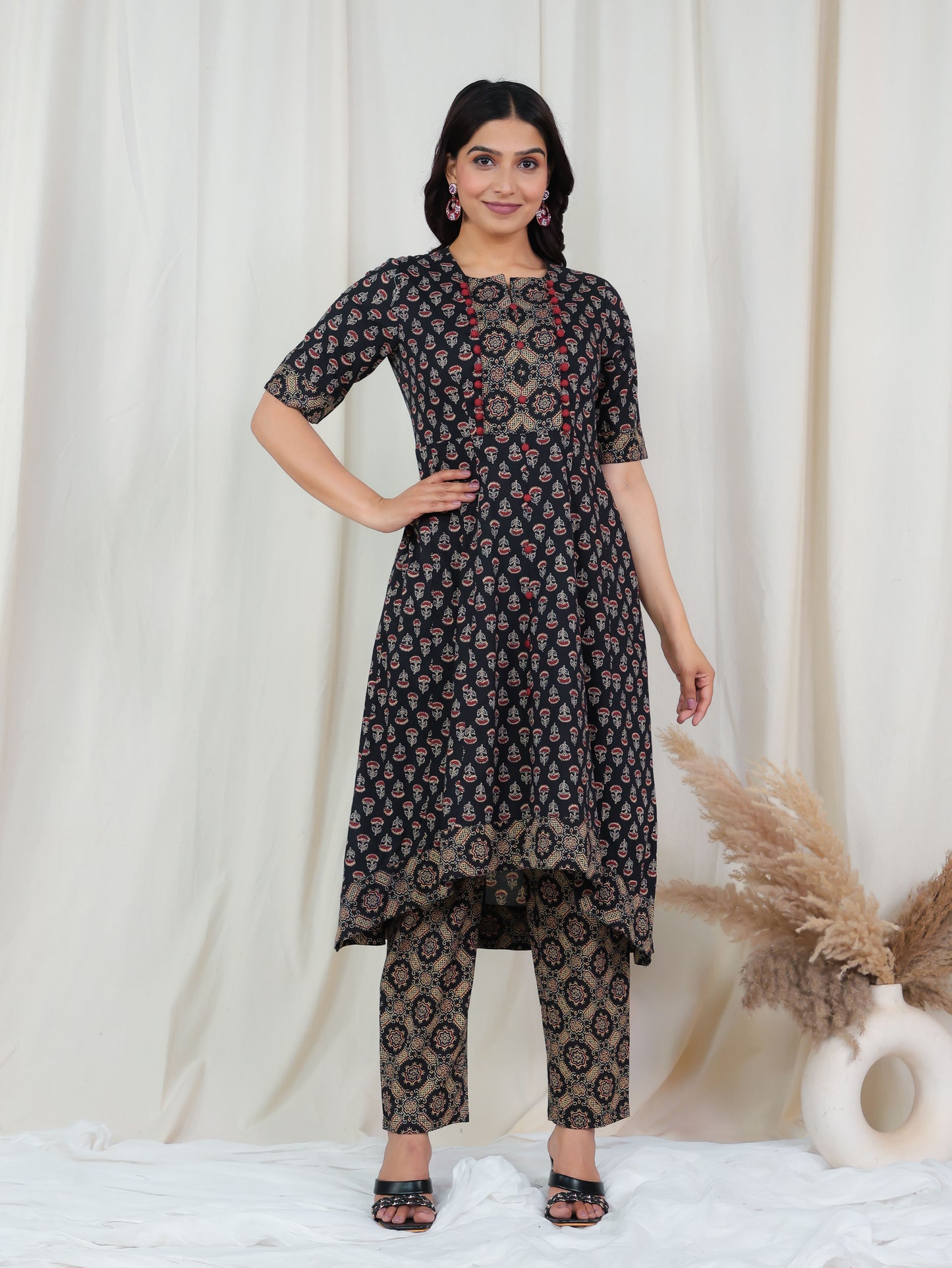 Soft Cotton Ajrakh High Low Black Kurta