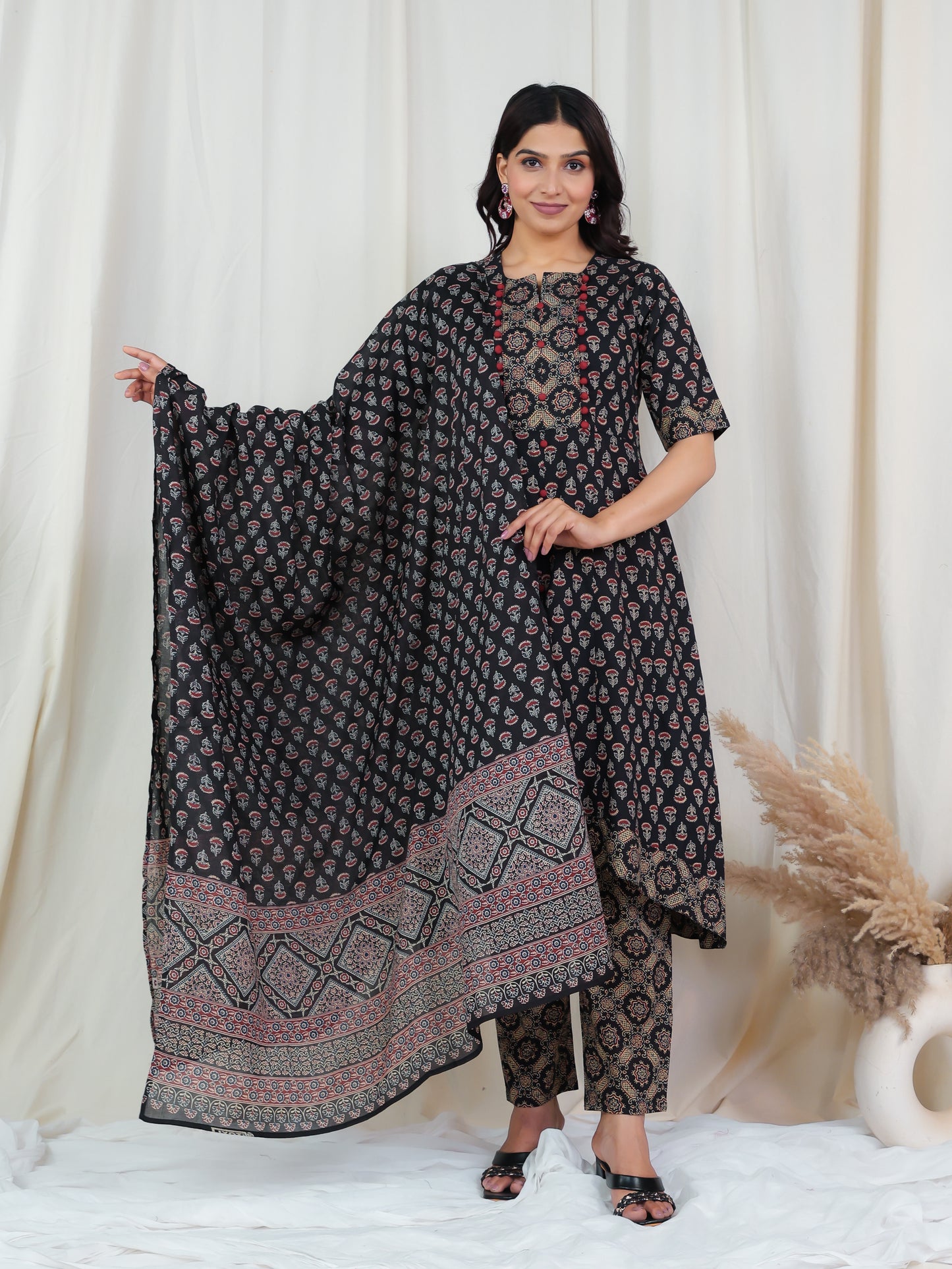 Soft Cotton Ajrakh High Low Black Kurta
