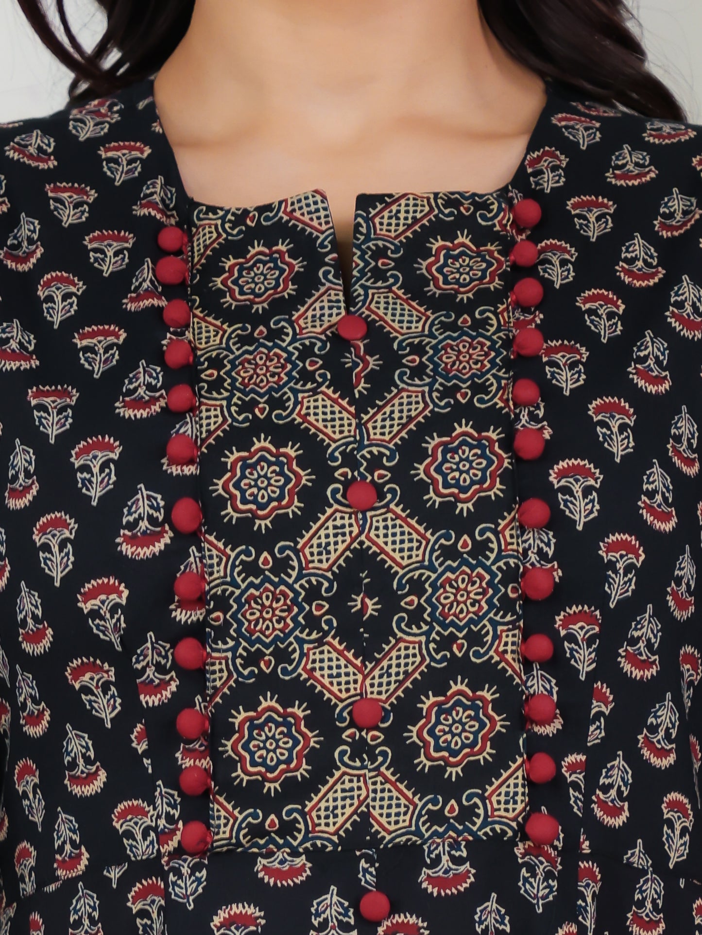 Soft Cotton Ajrakh High Low Black Kurta