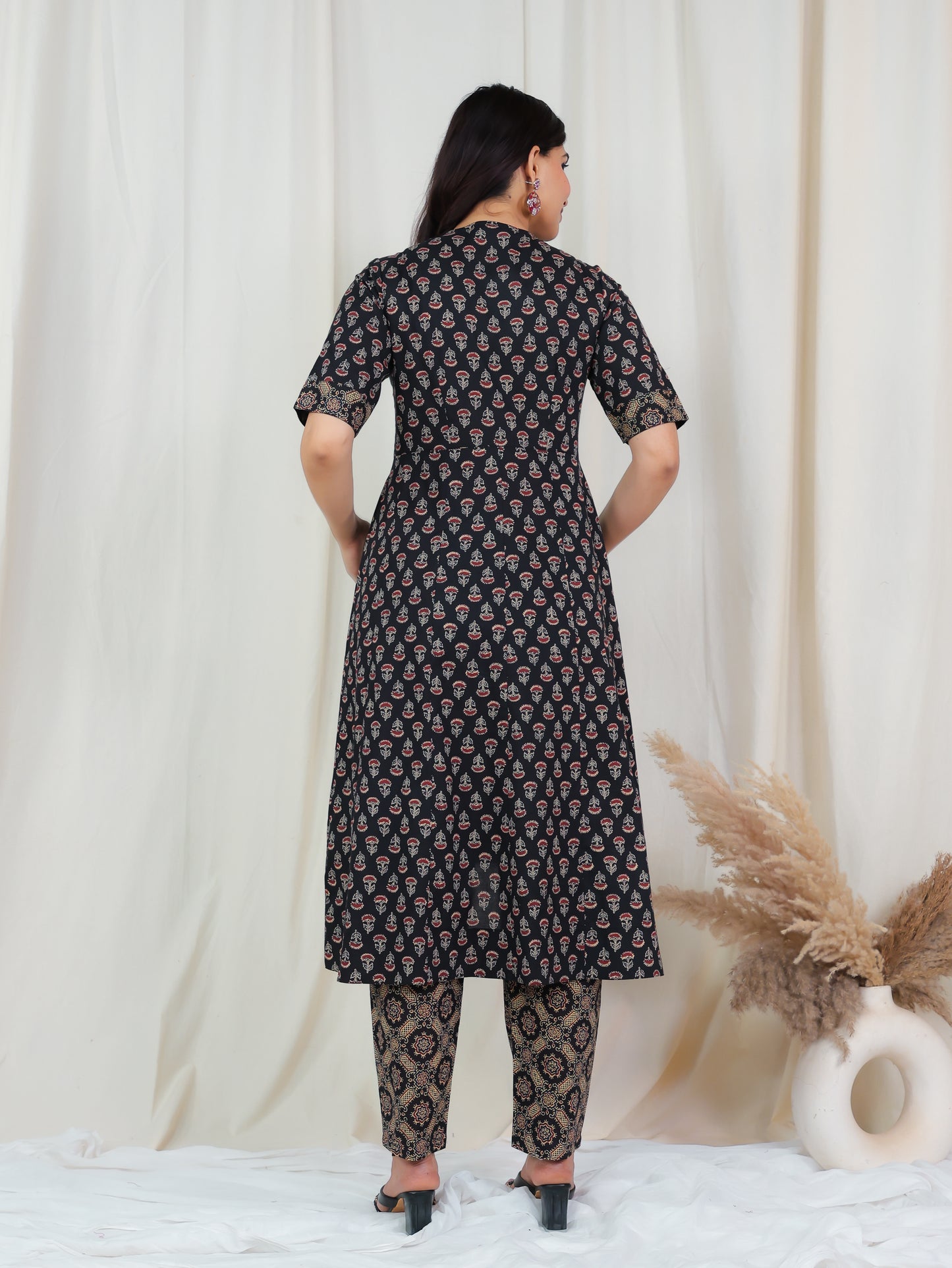 Soft Cotton Ajrakh High Low Black Kurta