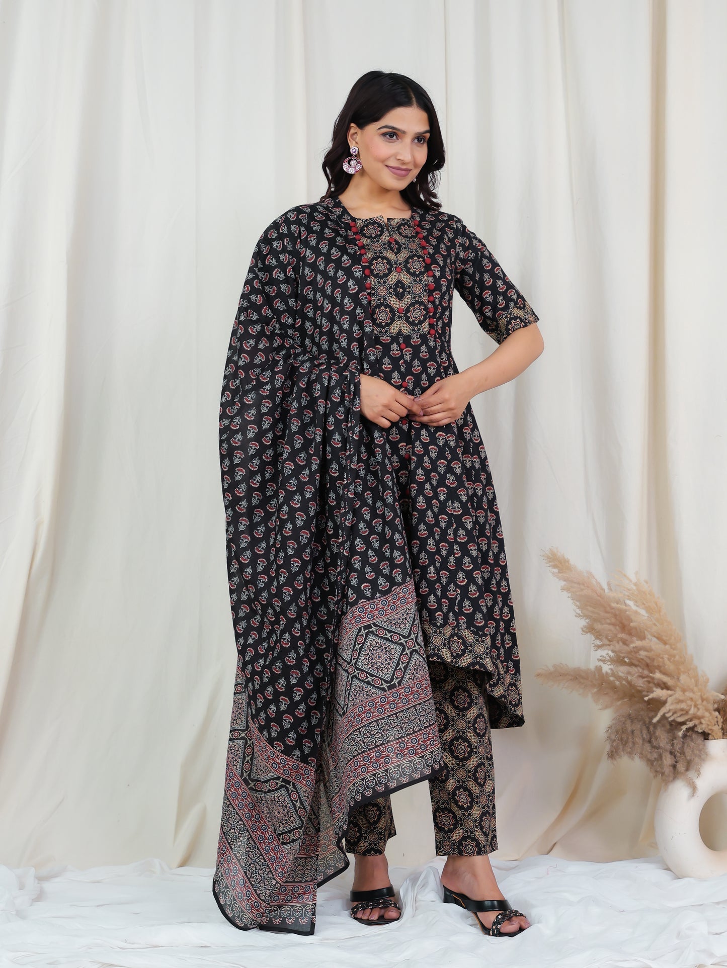 Soft Cotton Ajrakh High Low Black Kurta
