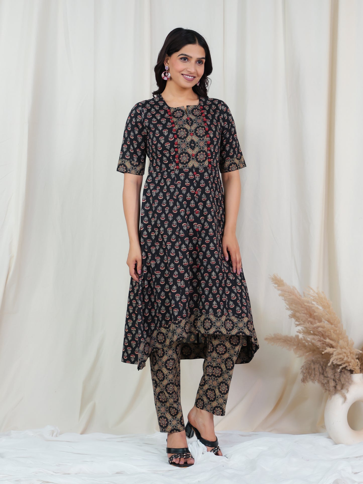 Soft Cotton Ajrakh High Low Black Kurta