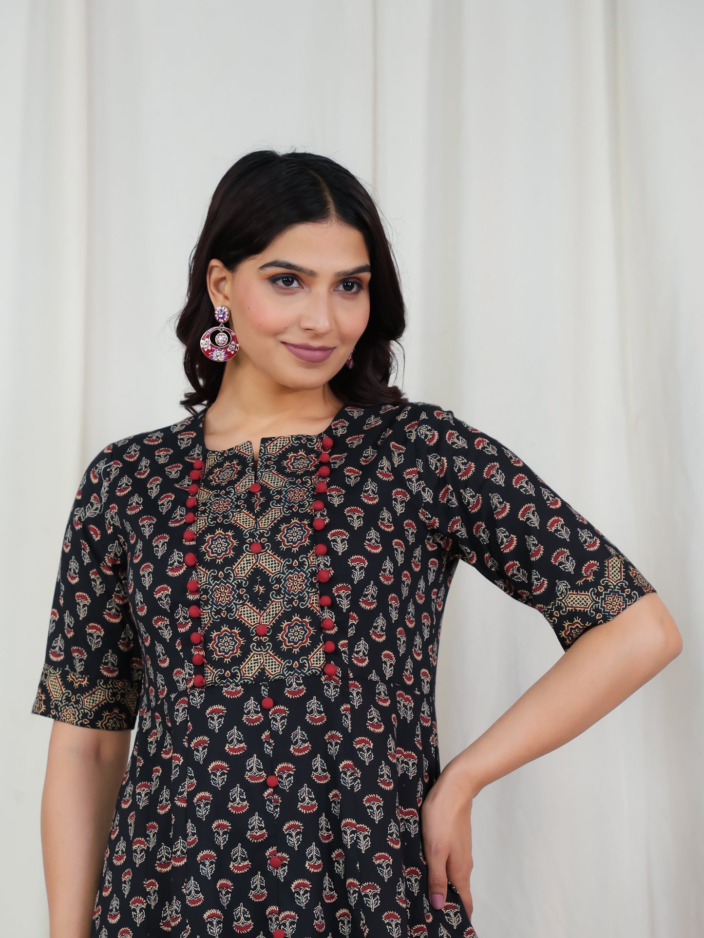 Soft Cotton Ajrakh High Low Black Kurta