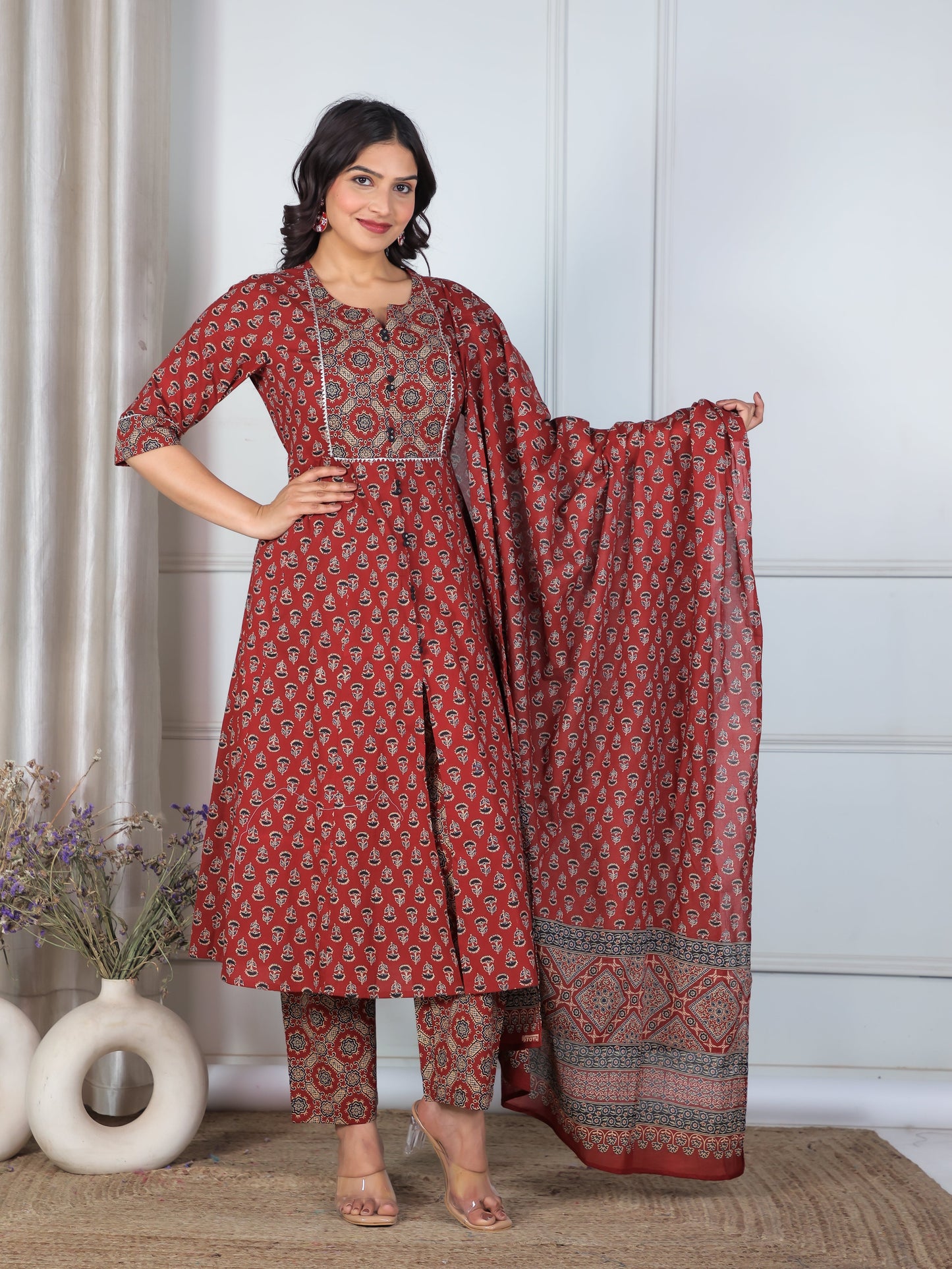 Cotton Voile Ajrakh Red Dupatta