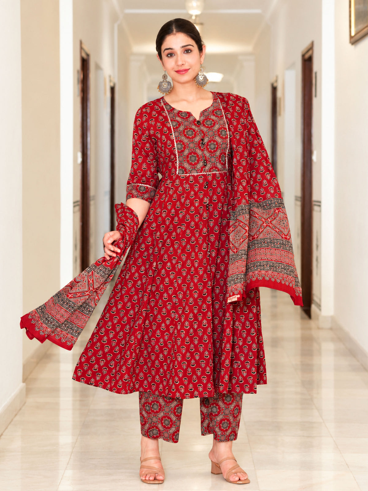 Cotton Voile Ajrakh Red Dupatta