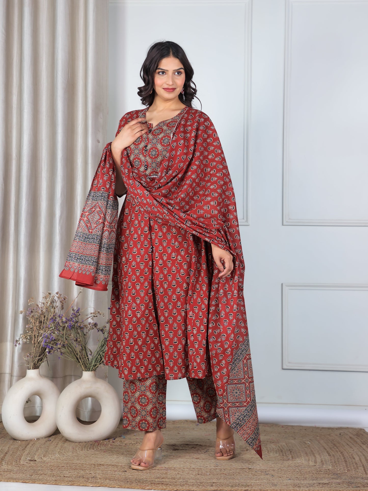 Cotton Voile Ajrakh Red Dupatta