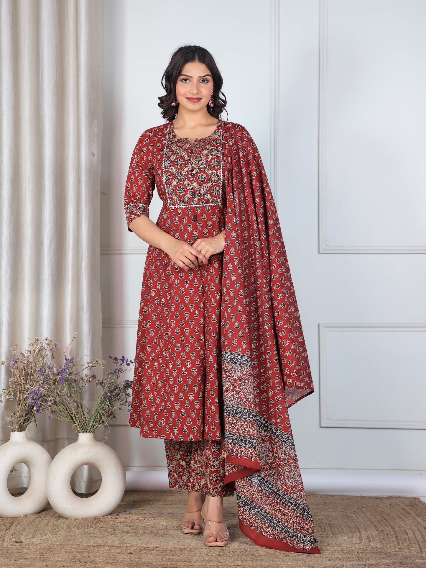 Cotton Voile Ajrakh Red Dupatta