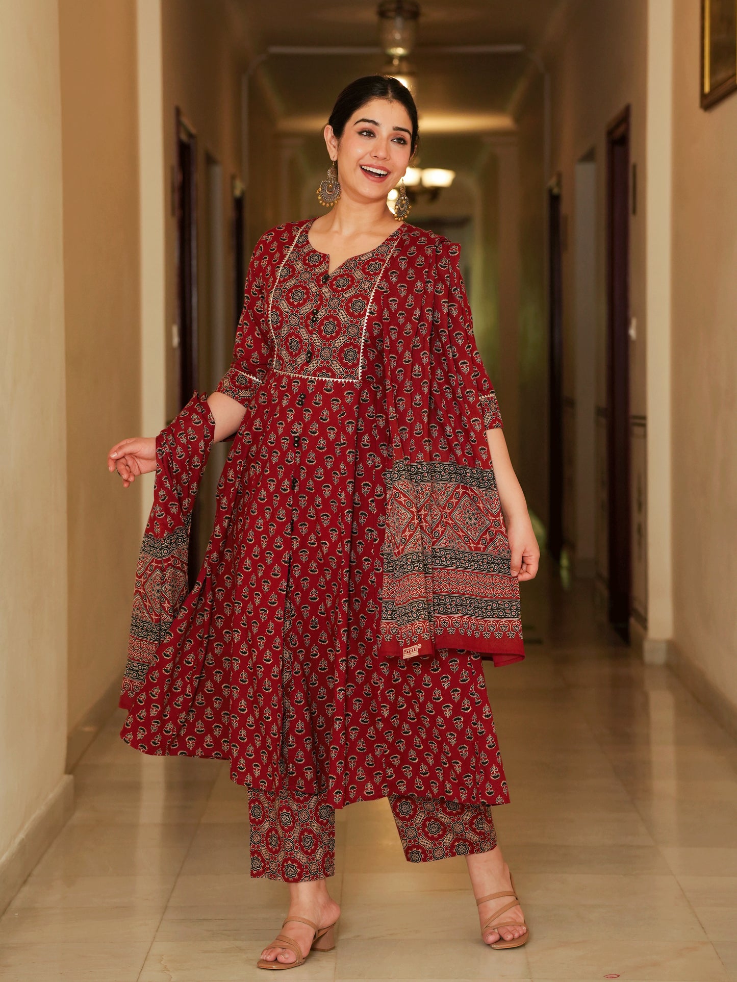 Soft Cotton Ajrakh Flared Red Kurta