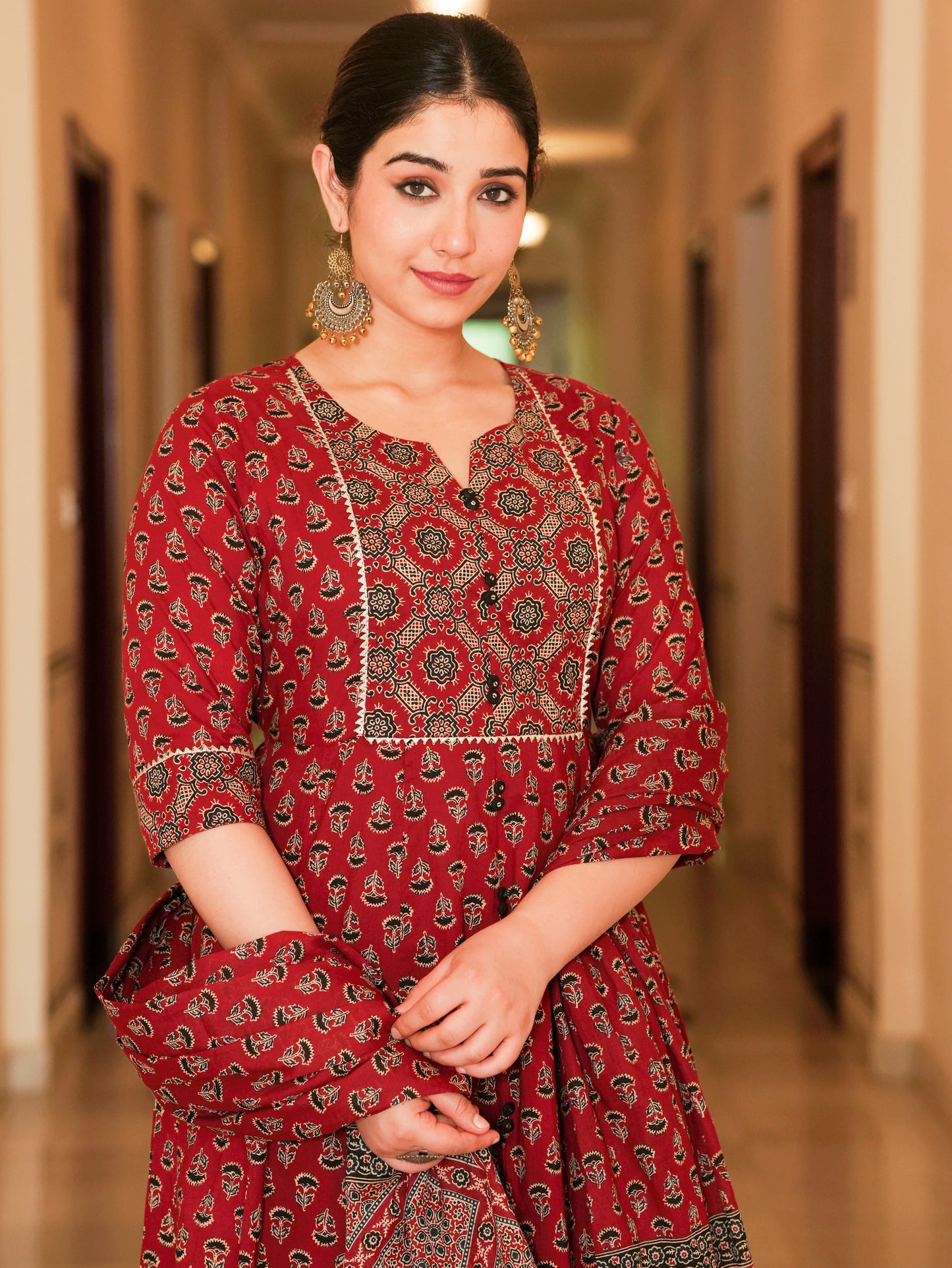 Soft Cotton Ajrakh Flared Red Kurta