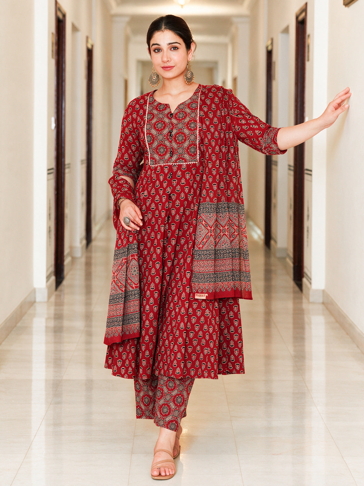 Soft Cotton Ajrakh Flared Red Kurta