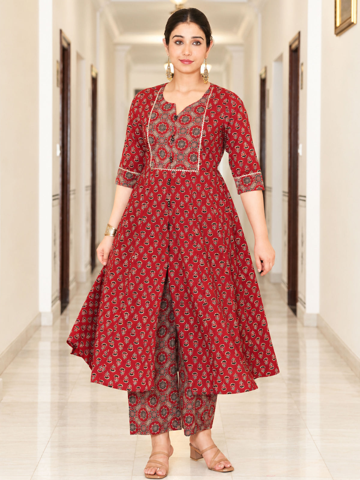 Soft Cotton Ajrakh Flared Red Kurta