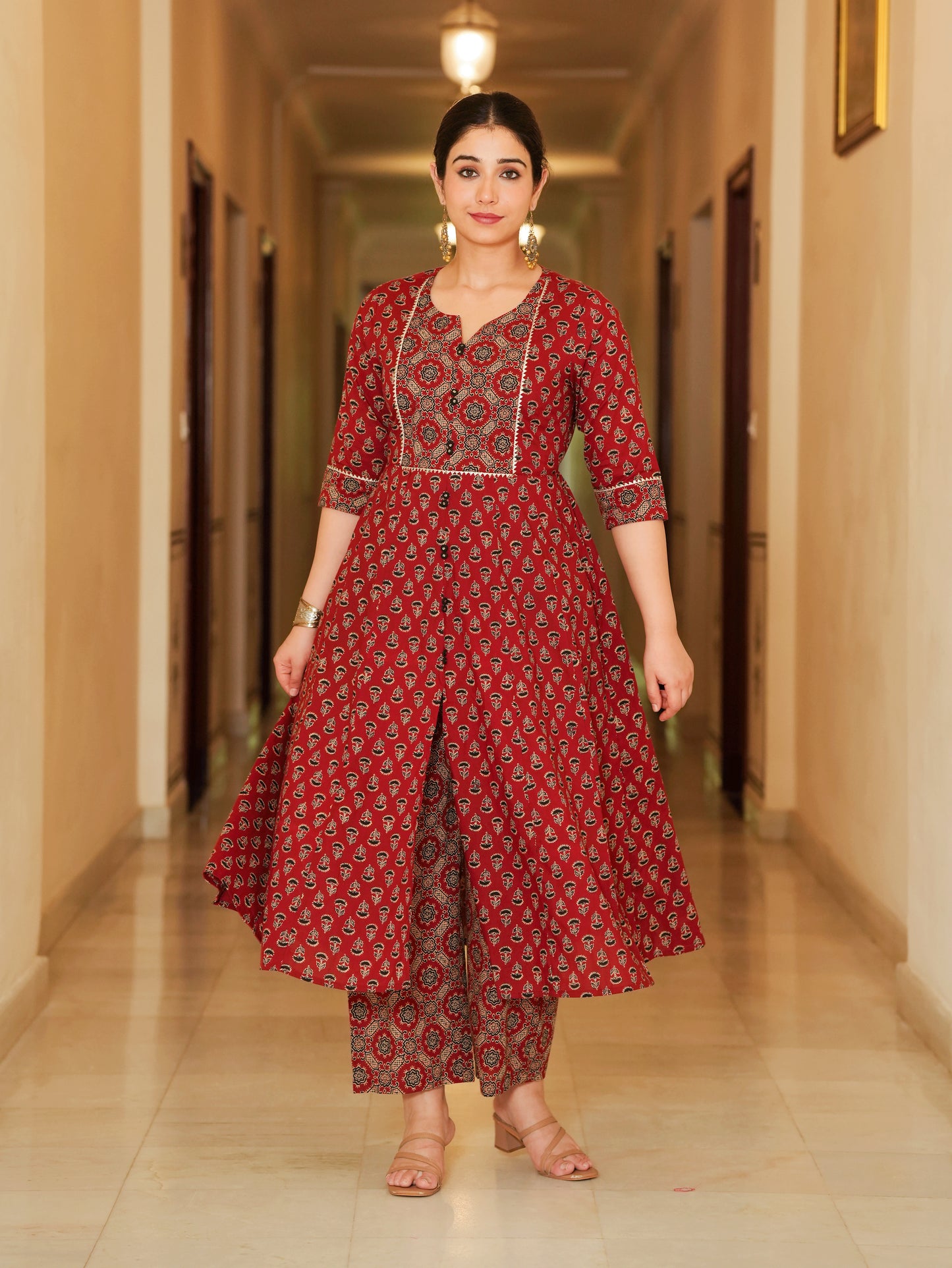 Soft Cotton Ajrakh Flared Red Kurta