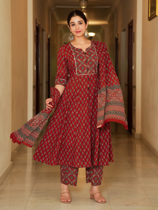 Soft Cotton Ajrakh Flared Red Kurta