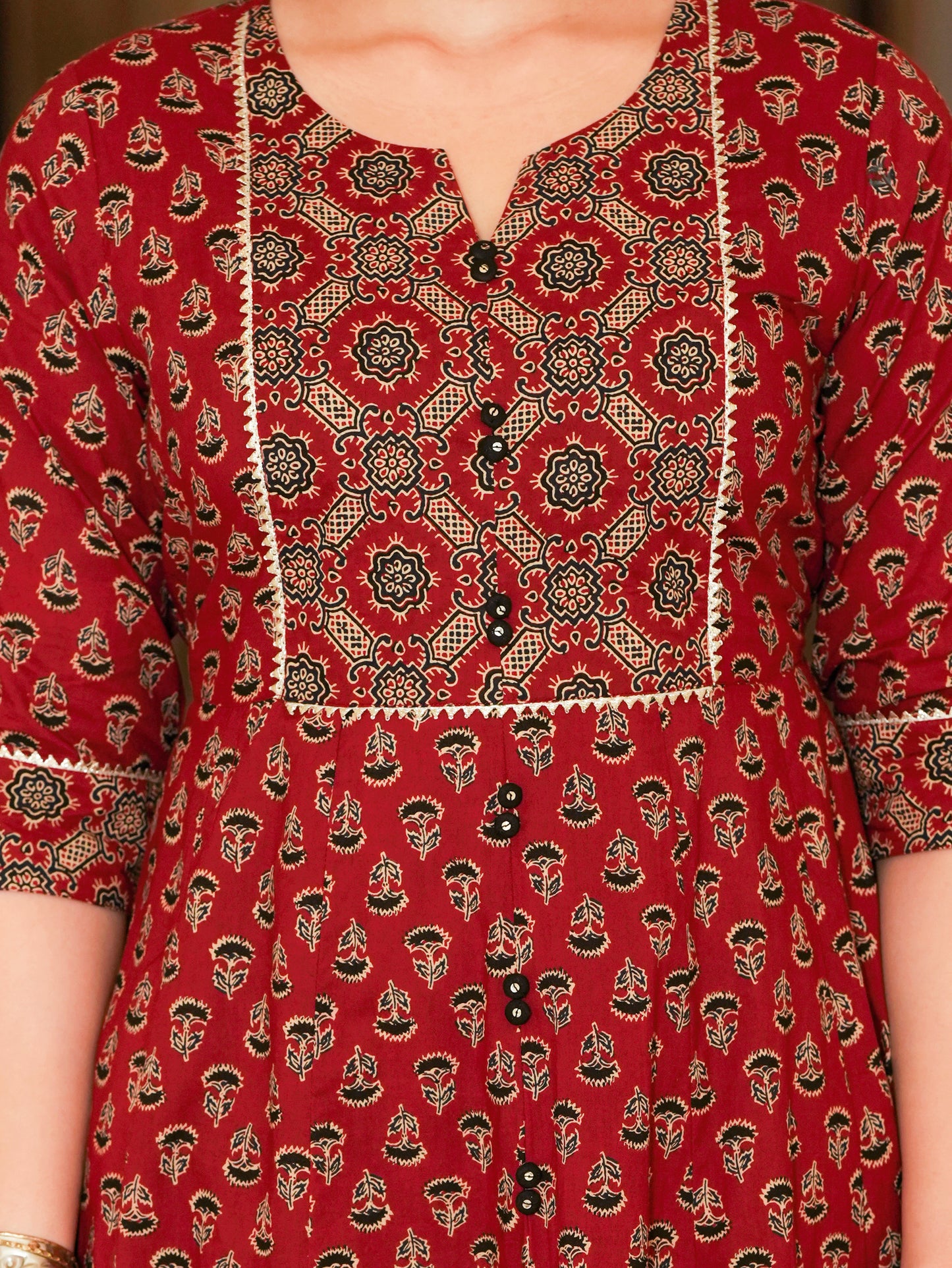 Soft Cotton Ajrakh Flared Red Kurta