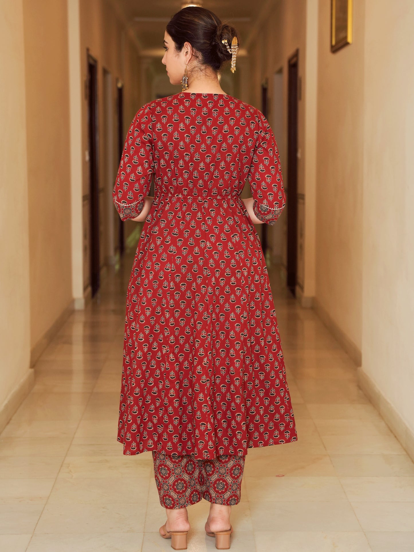 Soft Cotton Ajrakh Flared Red Kurta