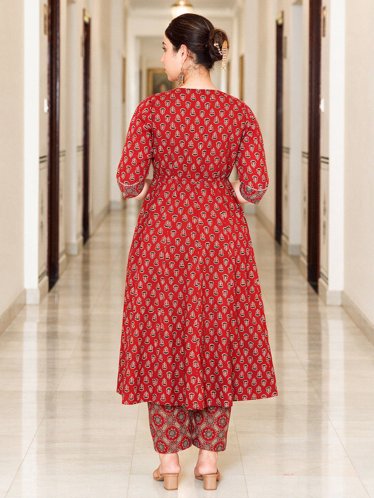 Soft Cotton Ajrakh Flared Red Kurta