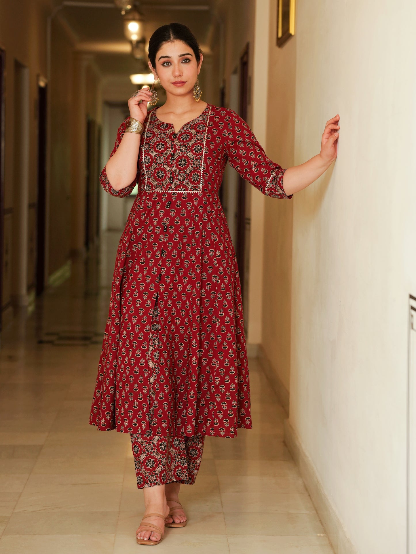 Soft Cotton Ajrakh Flared Red Kurta